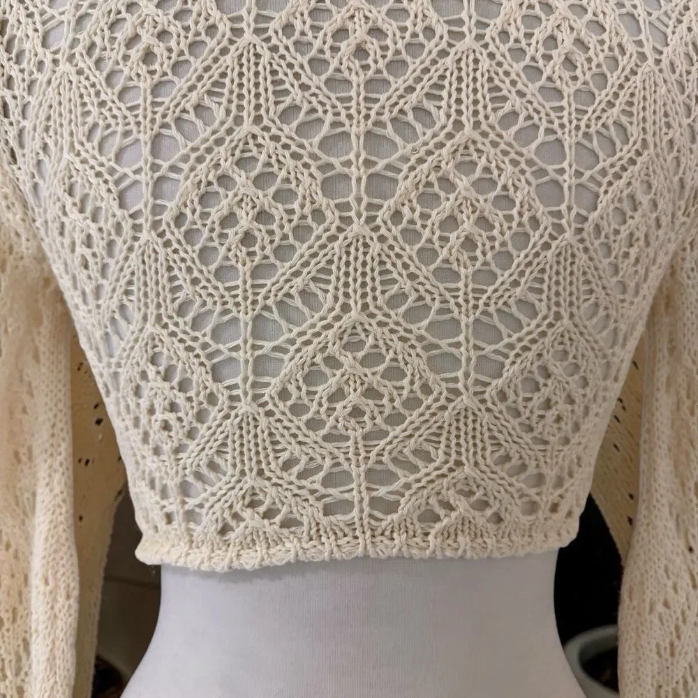 Zara Boho Ecru Pointelle Knit Bell Sleeve Floral Crochet Crop Top Small